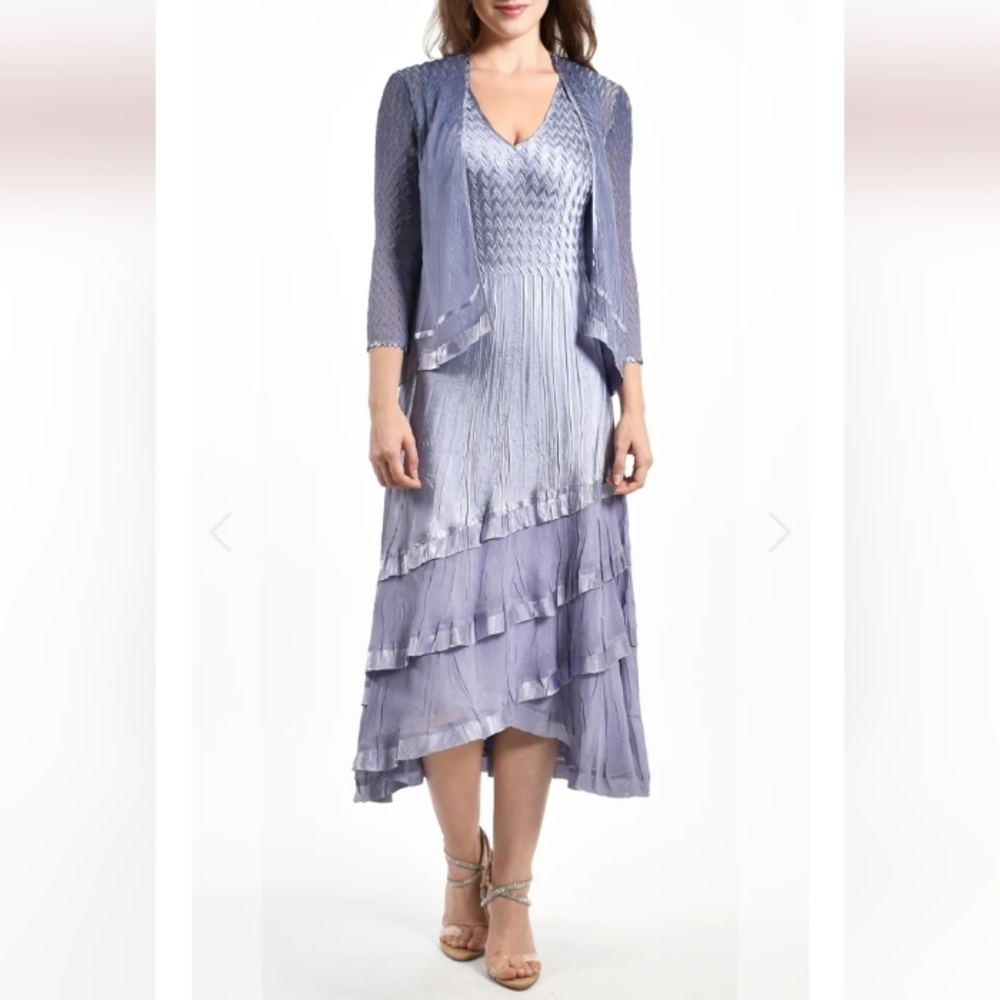 Komarov Tiered Hem Dress and Jacket, Blue To Lavender Ombre, M, 19" PTP, 48" L